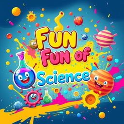 A vibrant and colorful background representing the fun of science, featuring playful elements such as beakers bubbling with colorful liquids, whimsical atoms with smiling faces, and planets in bright, bold colors