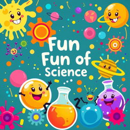 A vibrant and colorful background representing the fun of science, featuring playful elements such as beakers bubbling with colorful liquids, whimsical atoms with smiling faces, and planets in bright, bold colors