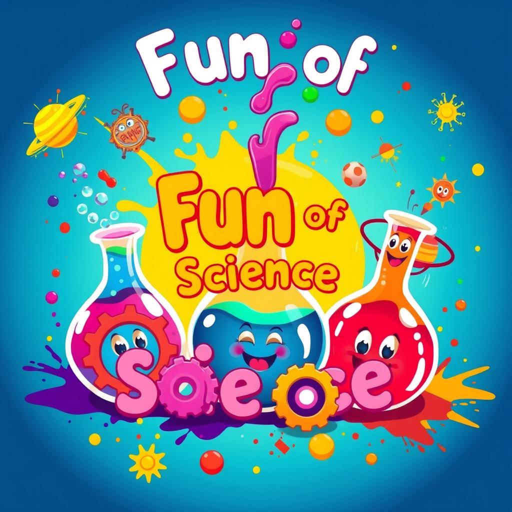 A vibrant and colorful background representing the fun of science, featuring playful elements such as beakers bubbling with colorful liquids, whimsical atoms with smiling faces, and planets in bright, bold colors