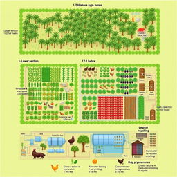 A detailed farm layout diagram showcasing the integration of trees, crops, and livestock for optimal land use