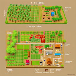 A detailed farm layout diagram showcasing the integration of trees, crops, and livestock for optimal land use