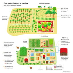 A detailed farm layout diagram showcasing the integration of trees, crops, and livestock for optimal land use