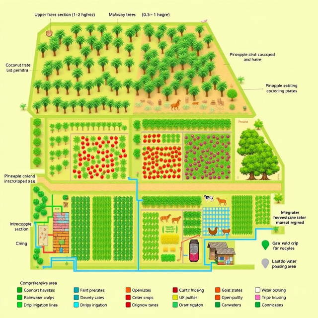 A detailed farm layout diagram showcasing the integration of trees, crops, and livestock for optimal land use