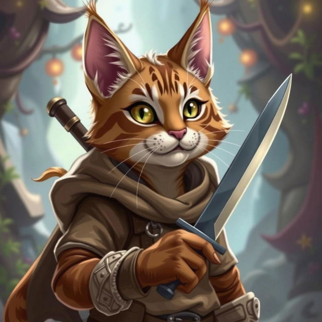 A charming brown and white tabby tabaxi rogue wearing an eyepatch around his right eye