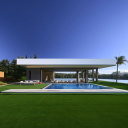 A modern house with sleek lines, expansive glass windows, minimalist furnishings, a well-maintained green lawn, and a sparkling pool under the clear blue sky.