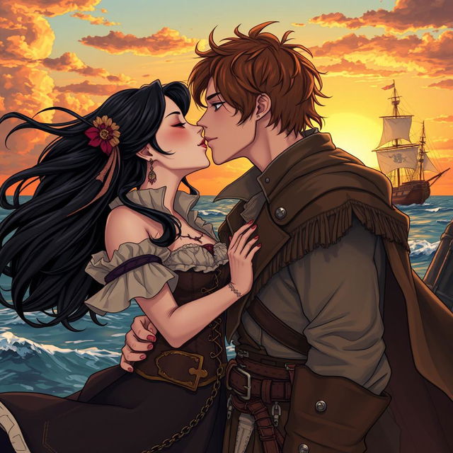 An illustration in a detailed manhwa style depicting a beautiful couple sharing a passionate kiss