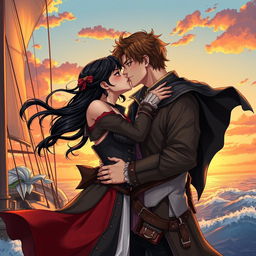An illustration in a detailed manhwa style depicting a beautiful couple sharing a passionate kiss