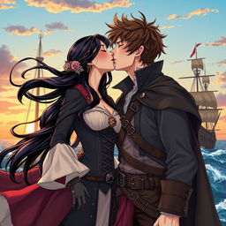 An illustration in a detailed manhwa style depicting a beautiful couple sharing a passionate kiss