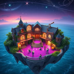 A vibrant floating island featuring a magical astrology school, with a rich purple floor that sparkles as if infused with stardust