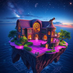 A vibrant floating island featuring a magical astrology school, with a rich purple floor that sparkles as if infused with stardust