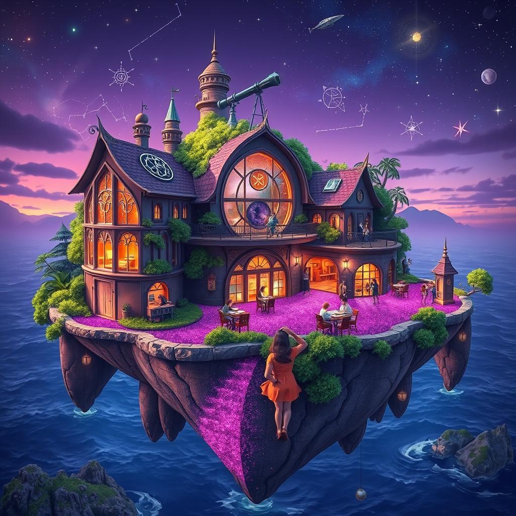 A vibrant floating island featuring a magical astrology school, with a rich purple floor that sparkles as if infused with stardust