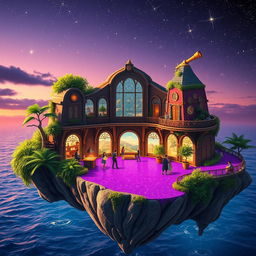 A vibrant floating island featuring a magical astrology school, with a rich purple floor that sparkles as if infused with stardust