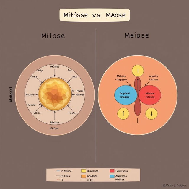 Um mapa mental detalhado e visualmente envolvente ilustrando as diferenças entre mitose e meiose