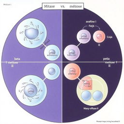 Um mapa mental detalhado e visualmente envolvente ilustrando as diferenças entre mitose e meiose