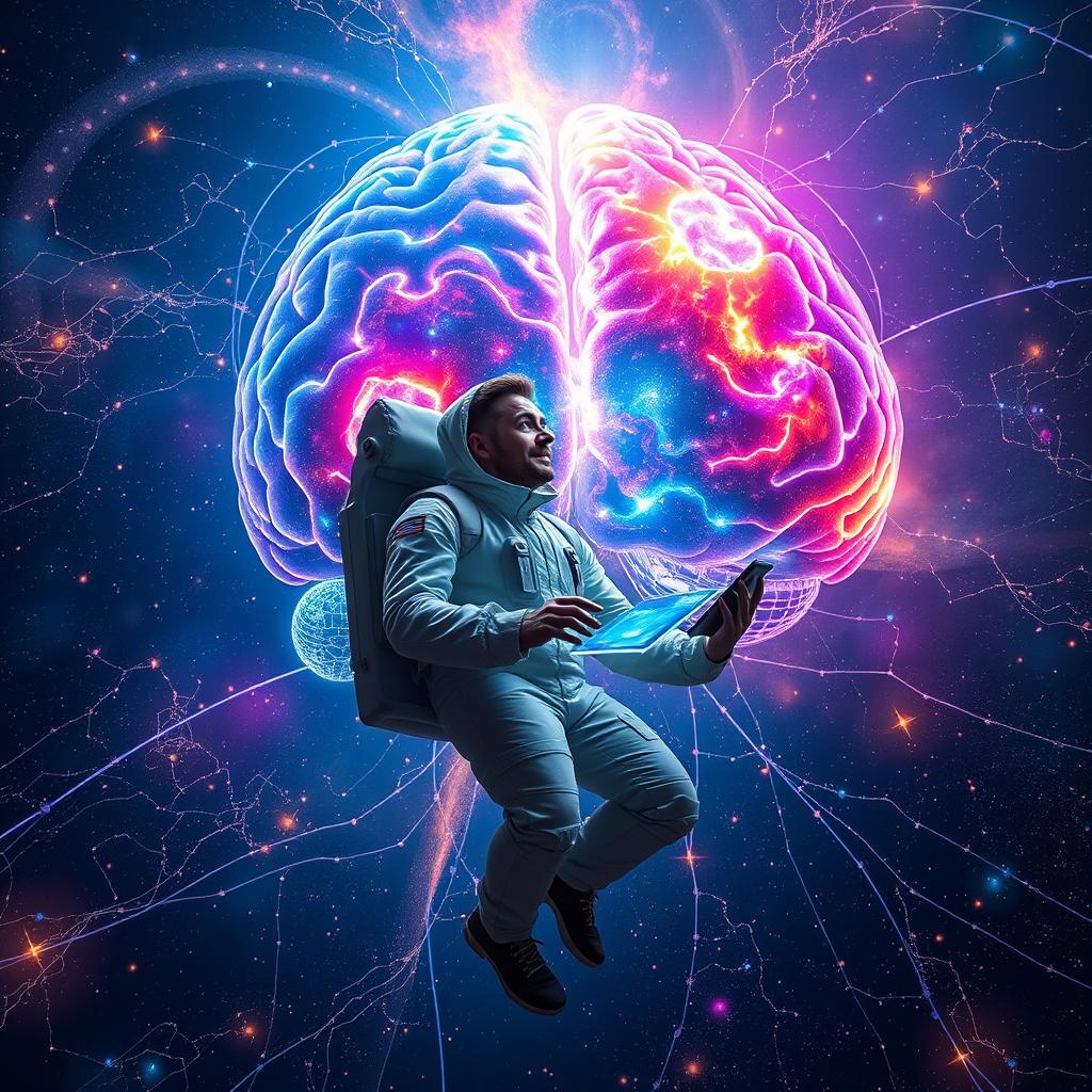 A man, dressed in a futuristic exploration suit, floating inside an expansive, vibrant human brain that resembles a vast universe