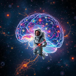 A man, dressed in a futuristic exploration suit, floating inside an expansive, vibrant human brain that resembles a vast universe