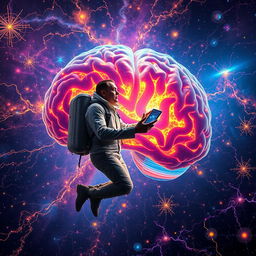 A man, dressed in a futuristic exploration suit, floating inside an expansive, vibrant human brain that resembles a vast universe