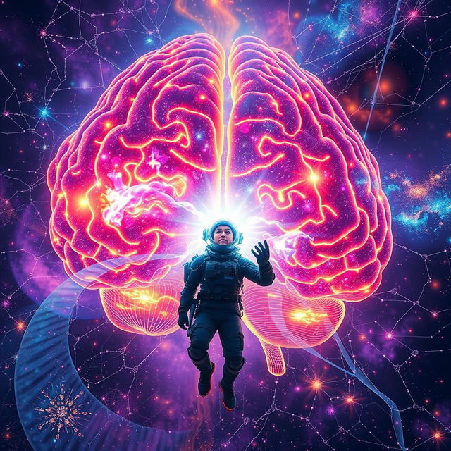 A man, dressed in a futuristic exploration suit, floating inside an expansive, vibrant human brain that resembles a vast universe