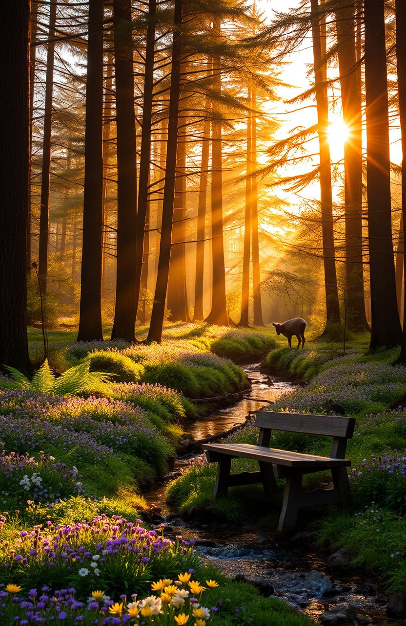 A tranquil forest scene during golden hour, where sunlight filters through the tall trees, creating a beautiful dappled light effect on the forest floor