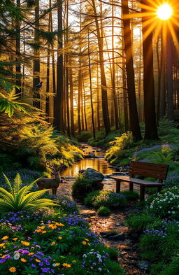A tranquil forest scene during golden hour, where sunlight filters through the tall trees, creating a beautiful dappled light effect on the forest floor