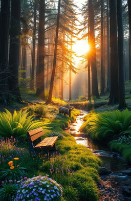 A tranquil forest scene during golden hour, where sunlight filters through the tall trees, creating a beautiful dappled light effect on the forest floor