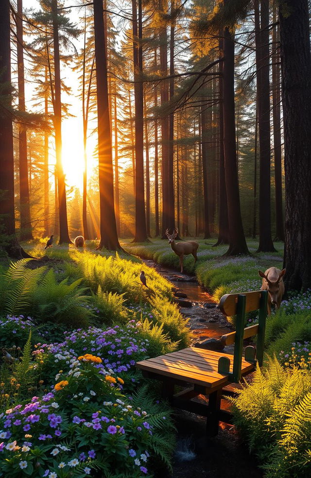 A tranquil forest scene during golden hour, where sunlight filters through the tall trees, creating a beautiful dappled light effect on the forest floor