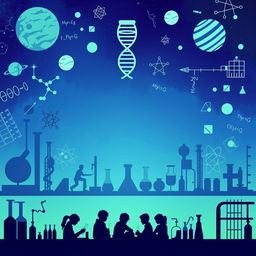 An engaging background for a science competition theme, showcasing various scientific elements such as test tubes, beakers, DNA double helix, planets, and scientific formulas
