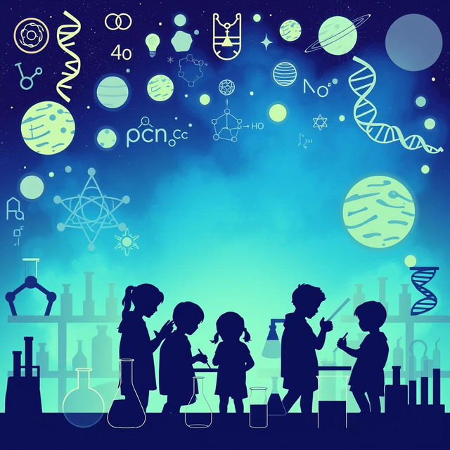 An engaging background for a science competition theme, showcasing various scientific elements such as test tubes, beakers, DNA double helix, planets, and scientific formulas