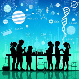 An engaging background for a science competition theme, showcasing various scientific elements such as test tubes, beakers, DNA double helix, planets, and scientific formulas