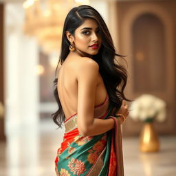 A beautiful Indian woman resembling Mrunal Thakur, showcasing her elegance while wearing a stunning backless saree