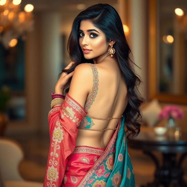 A beautiful Indian woman resembling Mrunal Thakur, showcasing her elegance while wearing a stunning backless saree