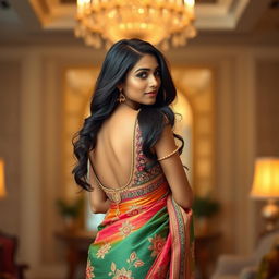A beautiful Indian woman resembling Mrunal Thakur, showcasing her elegance while wearing a stunning backless saree