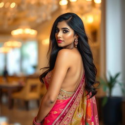 A beautiful Indian woman resembling Mrunal Thakur, showcasing her elegance while wearing a stunning backless saree