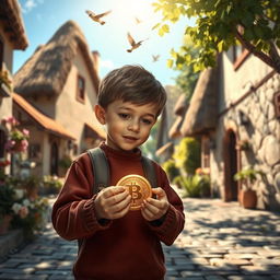 A young boy in a quaint village discovering a golden medallion hidden among the cobblestone streets