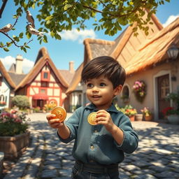 A young boy in a quaint village discovering a golden medallion hidden among the cobblestone streets