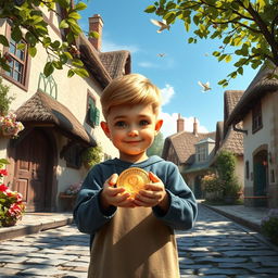 A young boy in a quaint village discovering a golden medallion hidden among the cobblestone streets