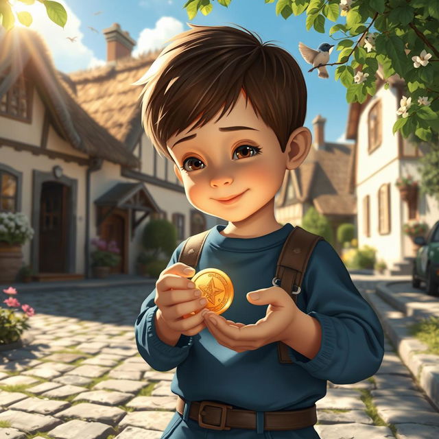 A young boy in a quaint village discovering a golden medallion hidden among the cobblestone streets