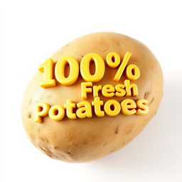 A realistic fresh potato on a pure white background, featuring 3D text reading "100% Fresh Potatoes" dynamically placed on the surface of the potato