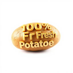 A realistic fresh potato on a pure white background, featuring 3D text reading "100% Fresh Potatoes" dynamically placed on the surface of the potato