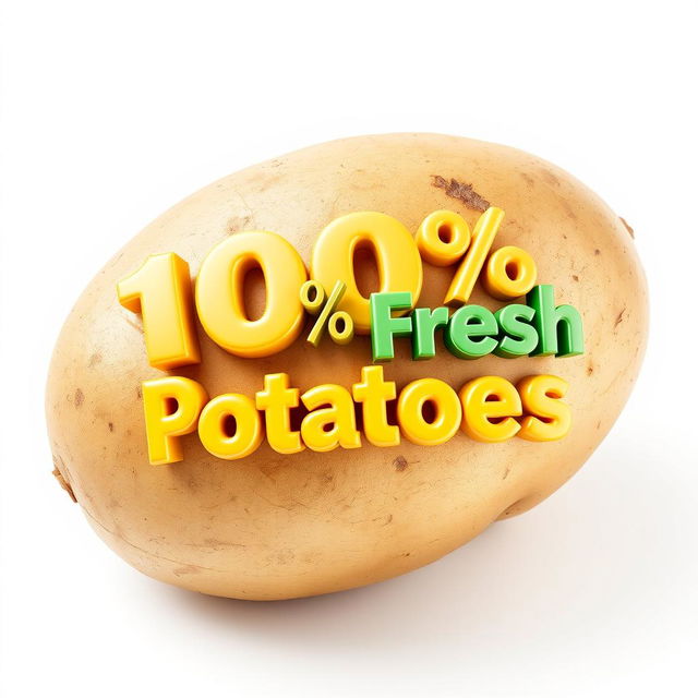 A realistic fresh potato on a pure white background, featuring 3D text reading "100% Fresh Potatoes" dynamically placed on the surface of the potato