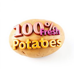 A realistic fresh potato on a pure white background, featuring 3D text reading "100% Fresh Potatoes" dynamically placed on the surface of the potato