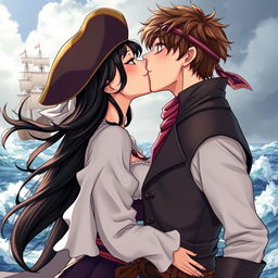 An illustration in manhwa style depicting a beautiful couple sharing a passionate kiss