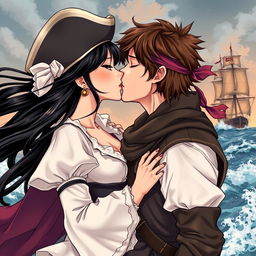 An illustration in manhwa style depicting a beautiful couple sharing a passionate kiss