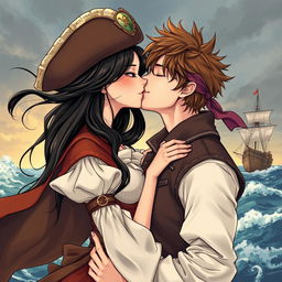 An illustration in manhwa style depicting a beautiful couple sharing a passionate kiss