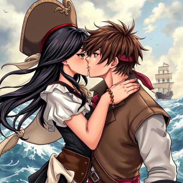 An illustration in manhwa style depicting a beautiful couple sharing a passionate kiss