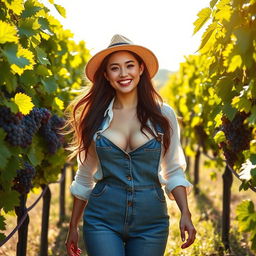 A beautiful European-Korean woman with very large breasts, dressed in a casual vineyard farmer outfit, walking through lush grapevines under a bright sunny sky