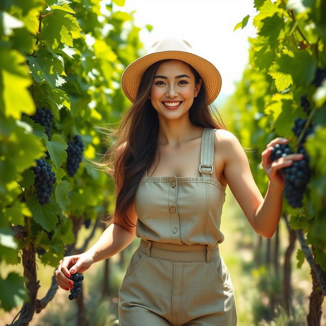 A beautiful European-Korean woman with very large breasts, dressed in a casual vineyard farmer outfit, walking through lush grapevines under a bright sunny sky