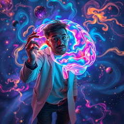 A man with a curious expression is exploring a vibrant, glowing representation of the human brain, surrounded by swirling colors and abstract shapes that symbolize thoughts and neural activities