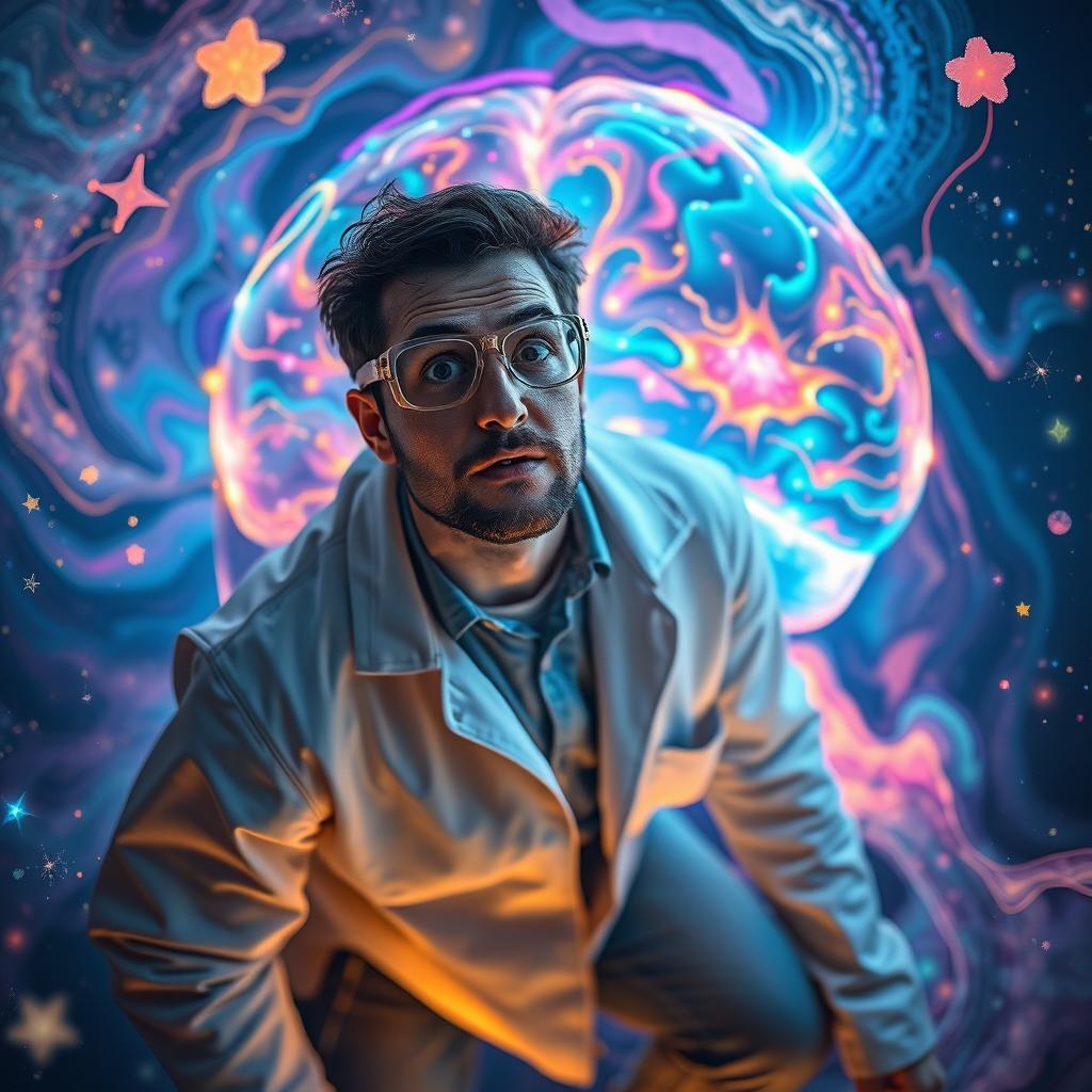 A man with a curious expression is exploring a vibrant, glowing representation of the human brain, surrounded by swirling colors and abstract shapes that symbolize thoughts and neural activities