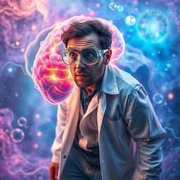 A man with a curious expression is exploring a vibrant, glowing representation of the human brain, surrounded by swirling colors and abstract shapes that symbolize thoughts and neural activities